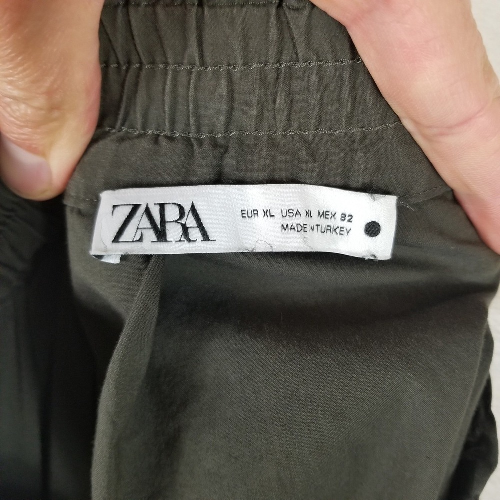 Zara Midi Skirt Women XL Olive Green Elastic  Waist Cotton Blend Gathered - Picture 3 of 7